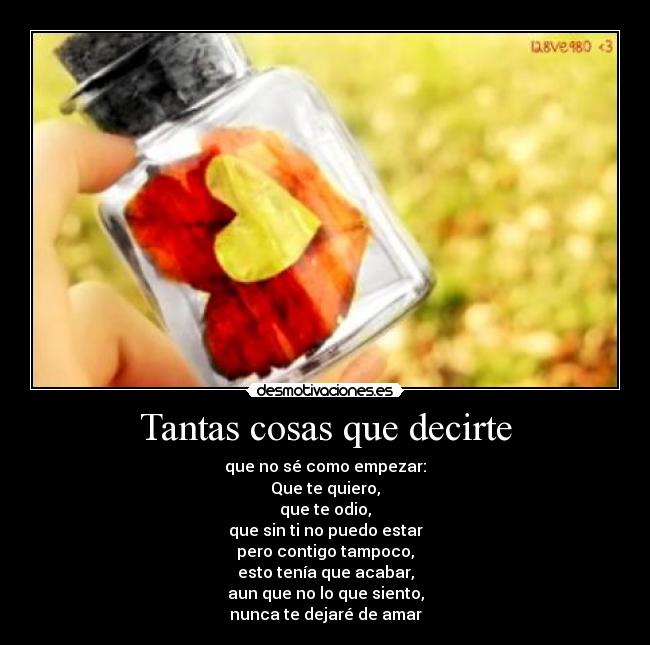 Tantas cosas que decirte - que no sé como empezar:
Que te quiero,
que te odio,
que sin ti no puedo estar
pero contigo tampoco,
esto tenía que acabar,
aun que no lo que siento,
nunca te dejaré de amar