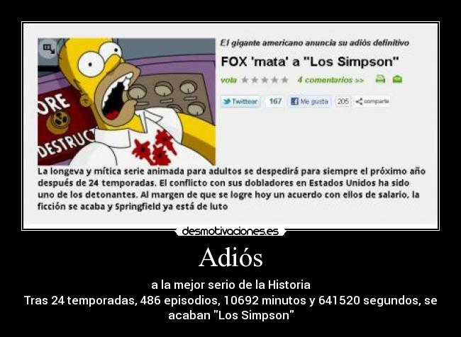 Adiós - a la mejor serio de la Historia
Tras 24 temporadas, 486 episodios, 10692 minutos y 641520 segundos, se
acaban Los Simpson
