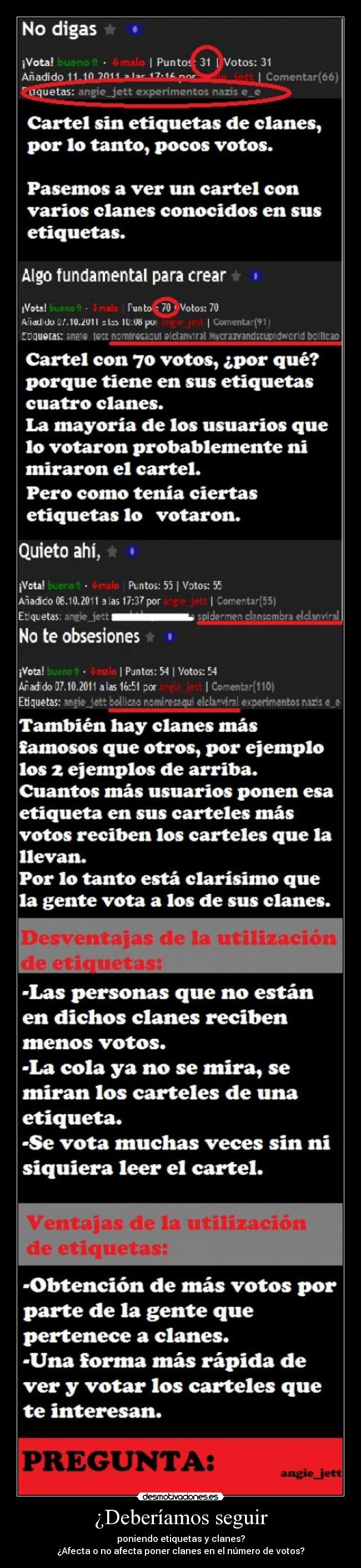 ¿Deberíamos seguir - poniendo etiquetas y clanes?
¿Afecta o no afecta poner clanes en el número de votos?