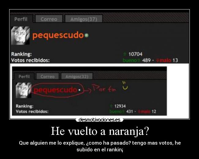 He vuelto a naranja? - Que alguien me lo explique, ¿como ha pasado? tengo mas votos, he
subido en el rankin¡