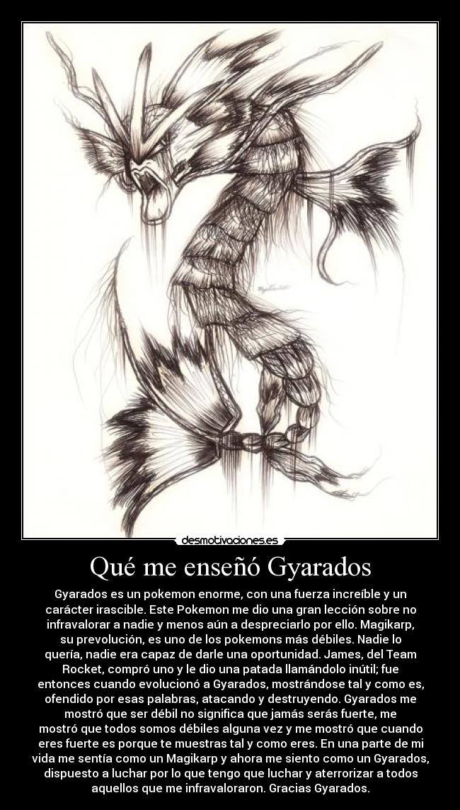 Qué me enseñó Gyarados - Gyarados es un pokemon enorme, con una fuerza increíble y un
carácter irascible. Este Pokemon me dio una gran lección sobre no
infravalorar a nadie y menos aún a despreciarlo por ello. Magikarp,
su prevolución, es uno de los pokemons más débiles. Nadie lo
quería, nadie era capaz de darle una oportunidad. James, del Team
Rocket, compró uno y le dio una patada llamándolo inútil; fue
entonces cuando evolucionó a Gyarados, mostrándose tal y como es,
ofendido por esas palabras, atacando y destruyendo. Gyarados me
mostró que ser débil no significa que jamás serás fuerte, me
mostró que todos somos débiles alguna vez y me mostró que cuando
eres fuerte es porque te muestras tal y como eres. En una parte de mi
vida me sentía como un Magikarp y ahora me siento como un Gyarados,
dispuesto a luchar por lo que tengo que luchar y aterrorizar a todos
aquellos que me infravaloraron. Gracias Gyarados.