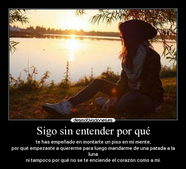 Sigo sin entender por qué - te has empeñado en montarte un piso en mi mente,
por qué empezaste a quererme para luego mandarme de una patada a la luna
ni tampoco por qué no se te enciende el corazón como a mí.