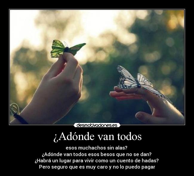 ¿Adónde van todos - esos muchachos sin alas? 
¿Adónde van todos esos besos que no se dan? 
¿Habrá un lugar para vivir como un cuento de hadas? 
Pero seguro que es muy caro y no lo puedo pagar