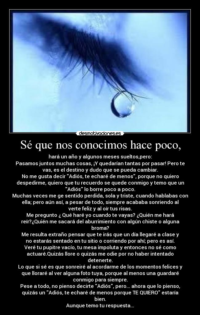 Sé que nos conocimos hace poco, - hará un año y algunos meses sueltos,pero:
Pasamos juntos muchas cosas, ¡Y quedarían tantas por pasar! Pero te
vas, es el destino y dudo que se pueda cambiar.
No me gusta decir Adiós, te echaré de menos, porque no quiero
despedirme, quiero que tu recuerdo se quede conmigo y temo que un
Adiós lo borre poco a poco.
Muchas veces me ge sentido perdida, sola y triste, cuando hablabas con
ella; pero aún así, a pesar de todo, siempre acababa sonriendo al
verte feliz y al oír tus risas.
Me pregunto ¿ Qué haré yo cuando te vayas? ¿Quién me hará
reír?¿Quién me sacará del aburrimiento con algún chiste o alguna
broma?
Me resulta extraño pensar que te irás que un día llegaré a clase y
no estarás sentado en tu sitio o corriendo por ahí; pero es así.
Veré tu pupitre vacío, tu mesa impoluta y entonces no sé como
actuaré.Quizás llore o quizás me odie por no haber intentado
detenerte.
Lo que si sé es que sonreiré al acordarme de los momentos felices y
que lloraré al ver alguna foto tuya, porque al menos una guardaré
conmigo para siempre.
Pese a todo, no pienso decirte Adiós, pero... ahora que lo pienso,
quizás un Adiós, te echaré de menos porque TE QUIERO estaría
bien.
Aunque temo tu respuesta...