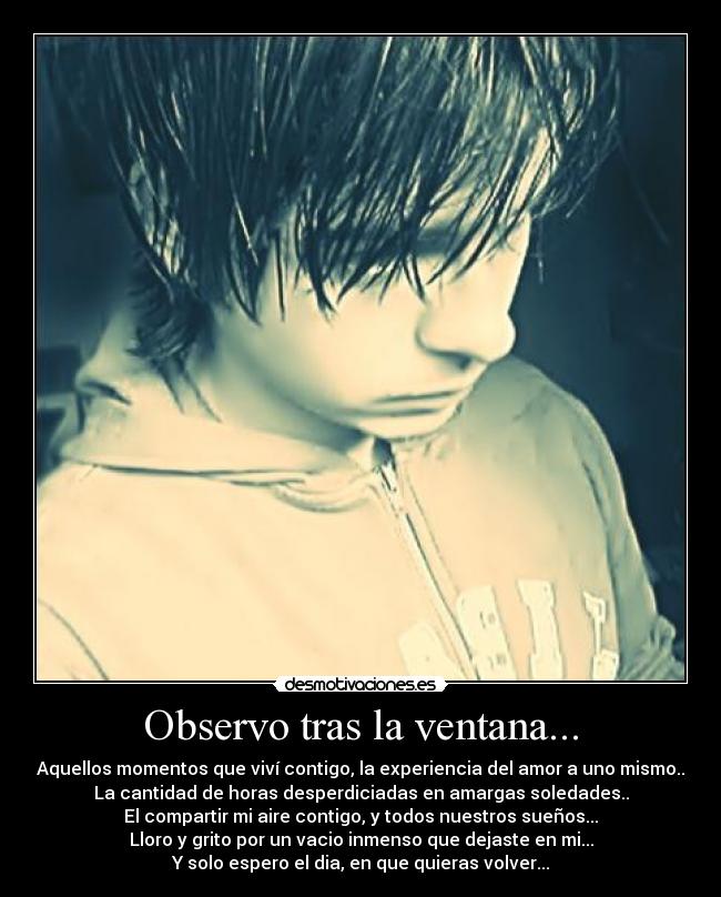 Observo tras la ventana... - Aquellos momentos que viví contigo, la experiencia del amor a uno mismo..
La cantidad de horas desperdiciadas en amargas soledades..
El compartir mi aire contigo, y todos nuestros sueños...
Lloro y grito por un vacio inmenso que dejaste en mi...
Y solo espero el dia, en que quieras volver...