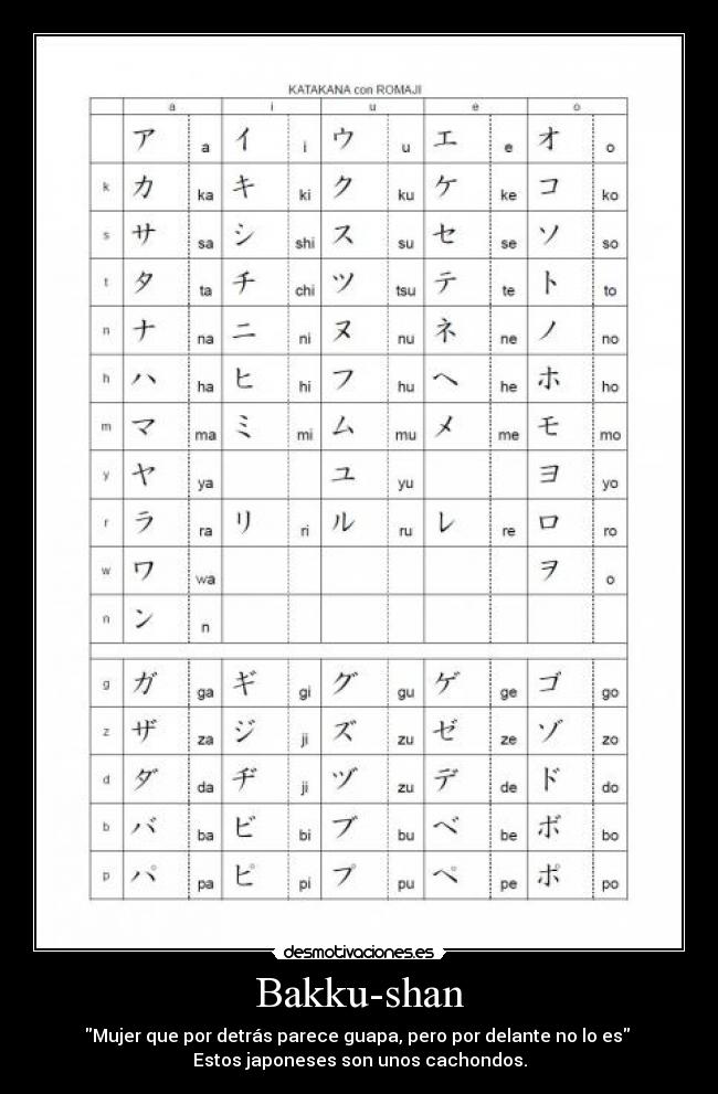 Bakku-shan - Mujer que por detrás parece guapa, pero por delante no lo es 
Estos japoneses son unos cachondos.