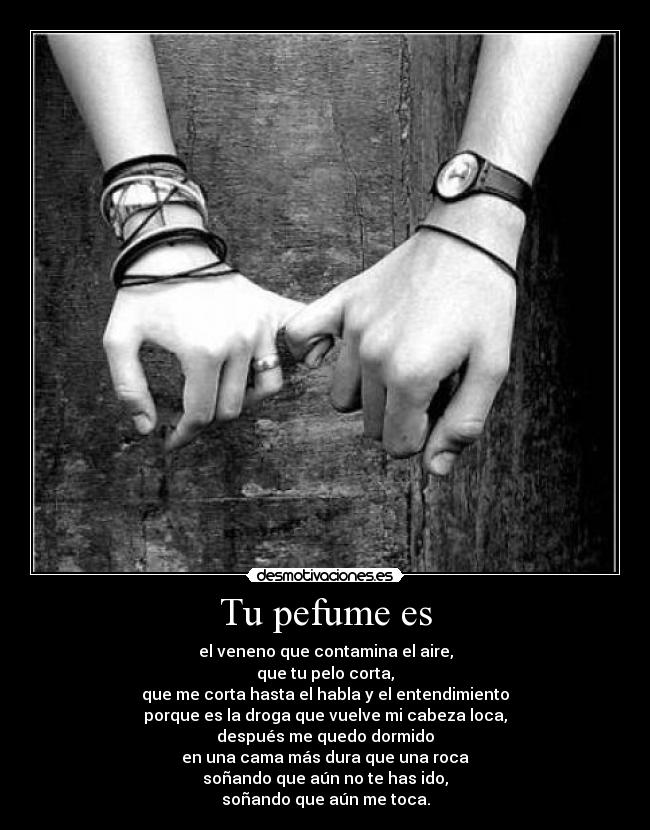 Tu pefume es - el veneno que contamina el aire,
que tu pelo corta,
que me corta hasta el habla y el entendimiento
porque es la droga que vuelve mi cabeza loca,
después me quedo dormido
en una cama más dura que una roca
soñando que aún no te has ido,
soñando que aún me toca.
