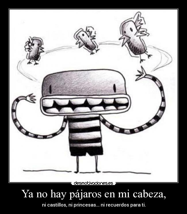 Ya no hay pájaros en mi cabeza, - ni castillos, ni princesas... ni recuerdos para ti.