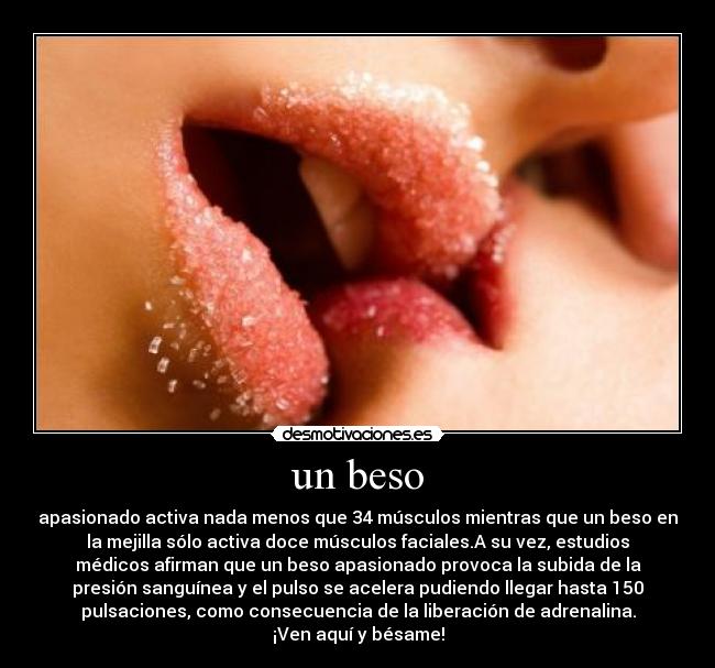 un beso - apasionado activa nada menos que 34 músculos mientras que un beso en
la mejilla sólo activa doce músculos faciales.A su vez, estudios
médicos afirman que un beso apasionado provoca la subida de la
presión sanguínea y el pulso se acelera pudiendo llegar hasta 150
pulsaciones, como consecuencia de la liberación de adrenalina.
¡Ven aquí y bésame!