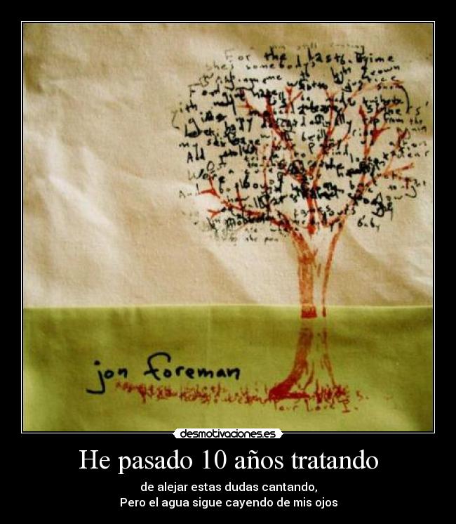 He pasado 10 años tratando - de alejar estas dudas cantando,
Pero el agua sigue cayendo de mis ojos