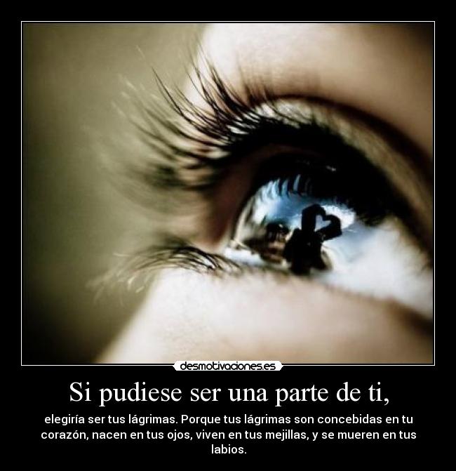 Si pudiese ser una parte de ti, - elegiría ser tus lágrimas. Porque tus lágrimas son concebidas en tu
corazón, nacen en tus ojos, viven en tus mejillas, y se mueren en tus
labios.