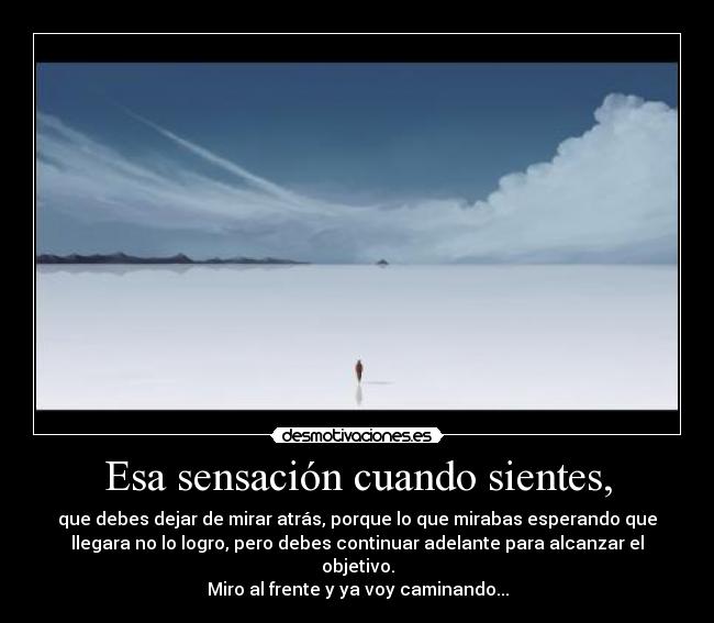 Esa sensación cuando sientes, - que debes dejar de mirar atrás, porque lo que mirabas esperando que
llegara no lo logro, pero debes continuar adelante para alcanzar el
objetivo.
Miro al frente y ya voy caminando...