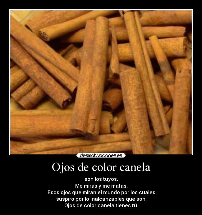 Ojos de color canela - son los tuyos.
Me miras y me matas.
Esos ojos que miran el mundo por los cuales
suspiro por lo inalcanzables que son.
Ojos de color canela tienes tú.