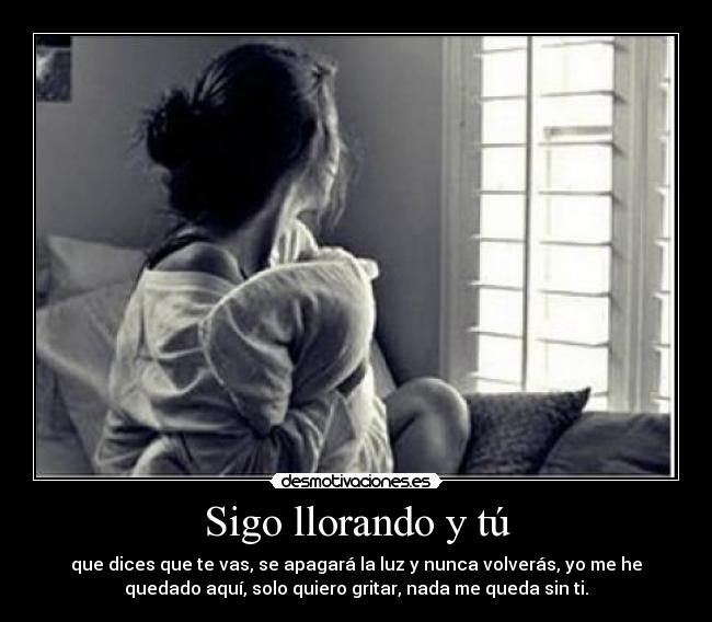 Sigo llorando y tú - que dices que te vas, se apagará la luz y nunca volverás, yo me he
quedado aquí, solo quiero gritar, nada me queda sin ti.