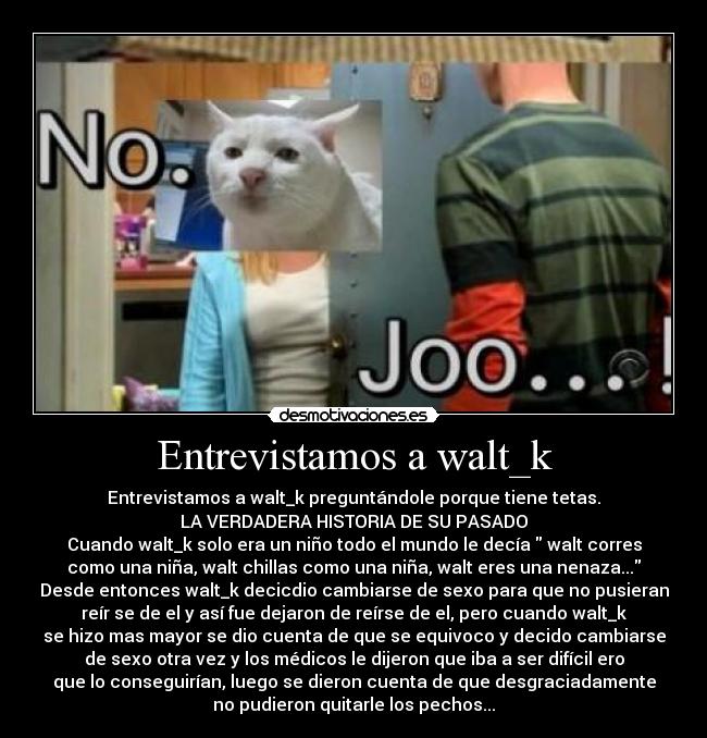 Entrevistamos a walt_k - Entrevistamos a walt_k preguntándole porque tiene tetas.
LA VERDADERA HISTORIA DE SU PASADO
Cuando walt_k solo era un niño todo el mundo le decía walt corres
como una niña, walt chillas como una niña, walt eres una nenaza...
Desde entonces walt_k decicdio cambiarse de sexo para que no pusieran
reír se de el y así fue dejaron de reírse de el, pero cuando walt_k
se hizo mas mayor se dio cuenta de que se equivoco y decido cambiarse
de sexo otra vez y los médicos le dijeron que iba a ser difícil ero
que lo conseguirían, luego se dieron cuenta de que desgraciadamente
no pudieron quitarle los pechos...