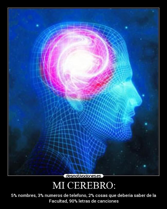 MI CEREBRO: - 5% nombres, 3% numeros de telefono, 2% cosas que deberia saber de la
Facultad, 90% letras de canciones