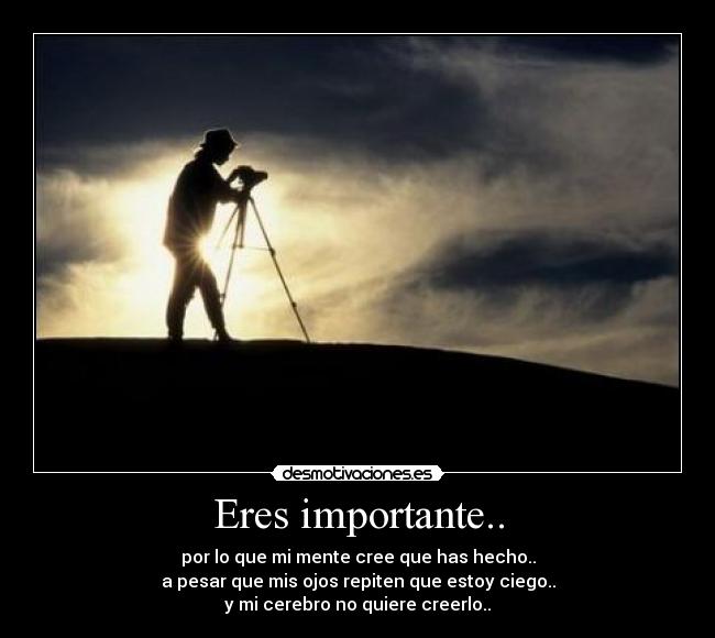 Eres importante.. - por lo que mi mente cree que has hecho..
a pesar que mis ojos repiten que estoy ciego..
y mi cerebro no quiere creerlo..