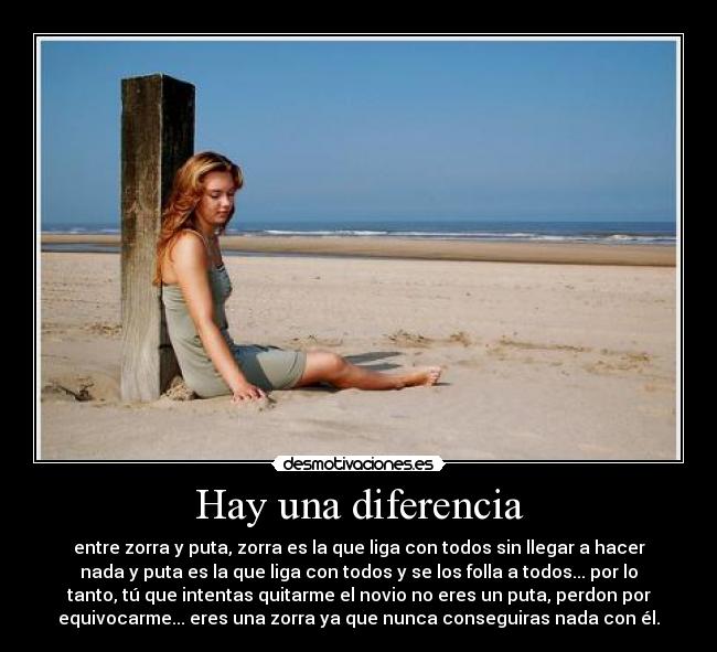 Hay una diferencia - entre zorra y puta, zorra es la que liga con todos sin llegar a hacer
nada y puta es la que liga con todos y se los folla a todos... por lo
tanto, tú que intentas quitarme el novio no eres un puta, perdon por
equivocarme... eres una zorra ya que nunca conseguiras nada con él.