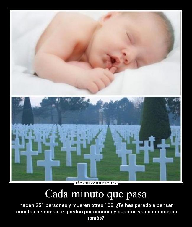 Cada minuto que pasa - nacen 251 personas y mueren otras 108. ¿Te has parado a pensar
cuantas personas te quedan por conocer y cuantas ya no conocerás
jamás?