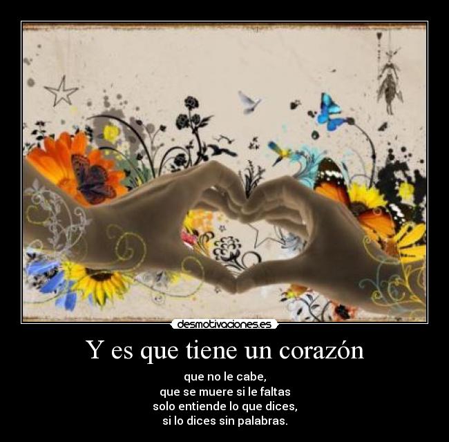 Y es que tiene un corazón - que no le cabe,
que se muere si le faltas
solo entiende lo que dices,
si lo dices sin palabras.