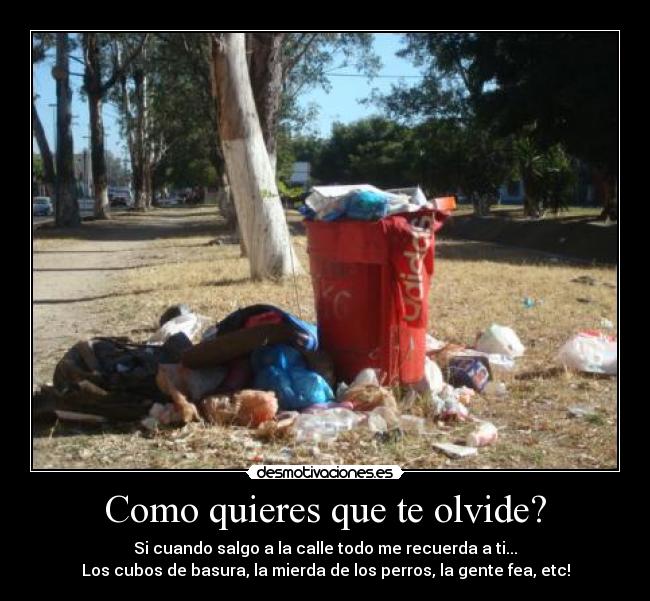 Como quieres que te olvide? - Si cuando salgo a la calle todo me recuerda a ti...
Los cubos de basura, la mierda de los perros, la gente fea, etc!