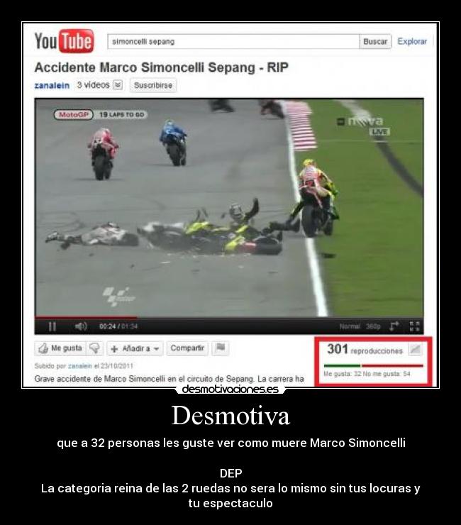 Desmotiva - que a 32 personas les guste ver como muere Marco Simoncelli

DEP
La categoria reina de las 2 ruedas no sera lo mismo sin tus locuras y tu espectaculo