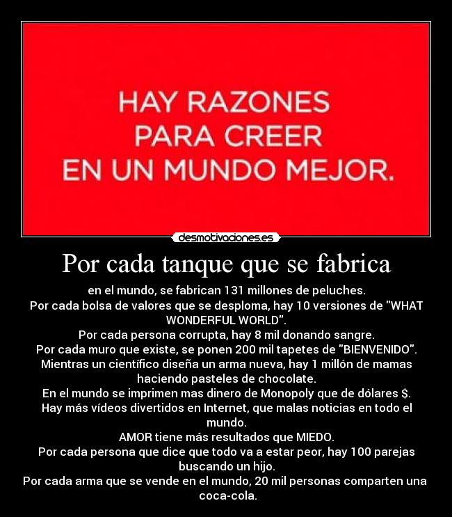 Por cada tanque que se fabrica - en el mundo, se fabrican 131 millones de peluches.
Por cada bolsa de valores que se desploma, hay 10 versiones de WHAT
WONDERFUL WORLD.
Por cada persona corrupta, hay 8 mil donando sangre.
Por cada muro que existe, se ponen 200 mil tapetes de BIENVENIDO.
Mientras un científico diseña un arma nueva, hay 1 millón de mamas
haciendo pasteles de chocolate.
En el mundo se imprimen mas dinero de Monopoly que de dólares $.
Hay más vídeos divertidos en Internet, que malas noticias en todo el
mundo.
AMOR tiene más resultados que MIEDO.
Por cada persona que dice que todo va a estar peor, hay 100 parejas
buscando un hijo.
Por cada arma que se vende en el mundo, 20 mil personas comparten una 
 coca-cola.