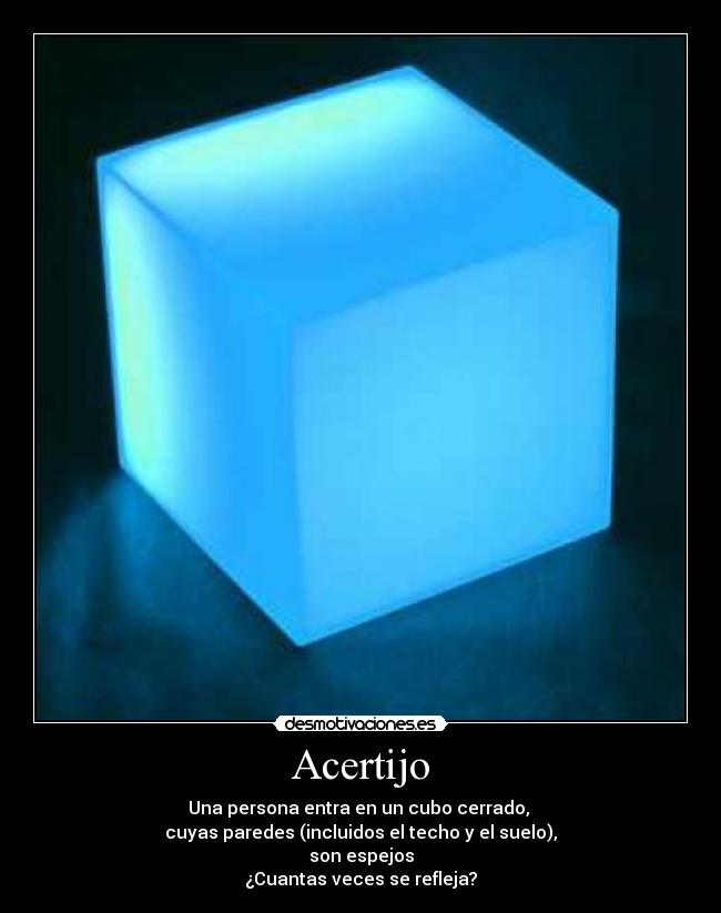 Acertijo - Una persona entra en un cubo cerrado,
cuyas paredes (incluidos el techo y el suelo),
son espejos
¿Cuantas veces se refleja?