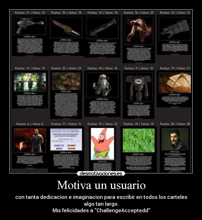 Motiva un usuario - con tanta dedicacion e imaginacion para escribir en todos los carteles algo tan largo.
Mis felicidades a ChallengeAcceptedd