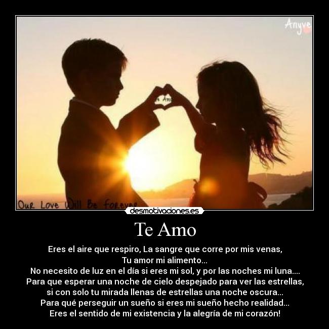 Te Amo - Eres el aire que respiro, La sangre que corre por mis venas,
Tu amor mi alimento...
No necesito de luz en el día si eres mi sol, y por las noches mi luna....
Para que esperar una noche de cielo despejado para ver las estrellas,
si con solo tu mirada llenas de estrellas una noche oscura...
Para qué perseguir un sueño si eres mi sueño hecho realidad...
Eres el sentido de mi existencia y la alegría de mi corazón!