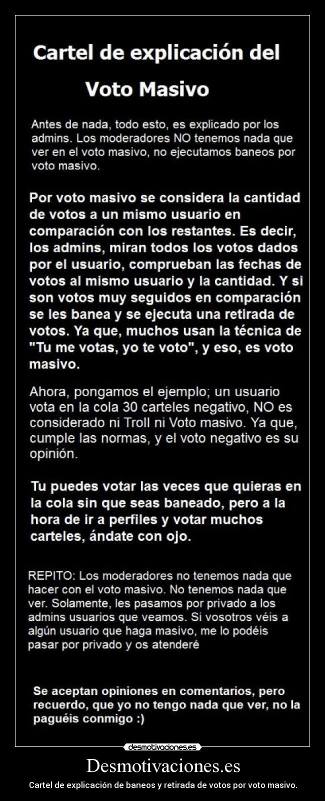 Desmotivaciones.es - Cartel de explicación de baneos y retirada de votos por voto masivo.