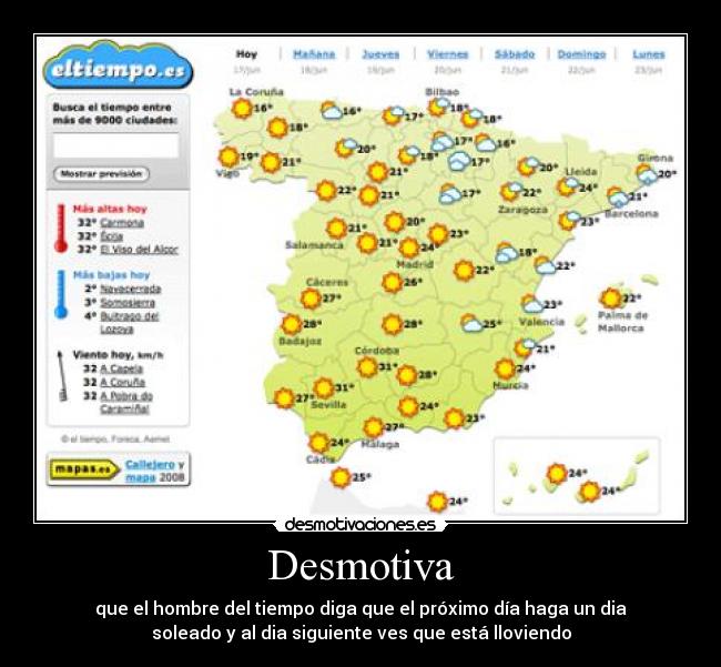 Desmotiva - que el hombre del tiempo diga que el próximo día haga un dia
soleado y al dia siguiente ves que está lloviendo