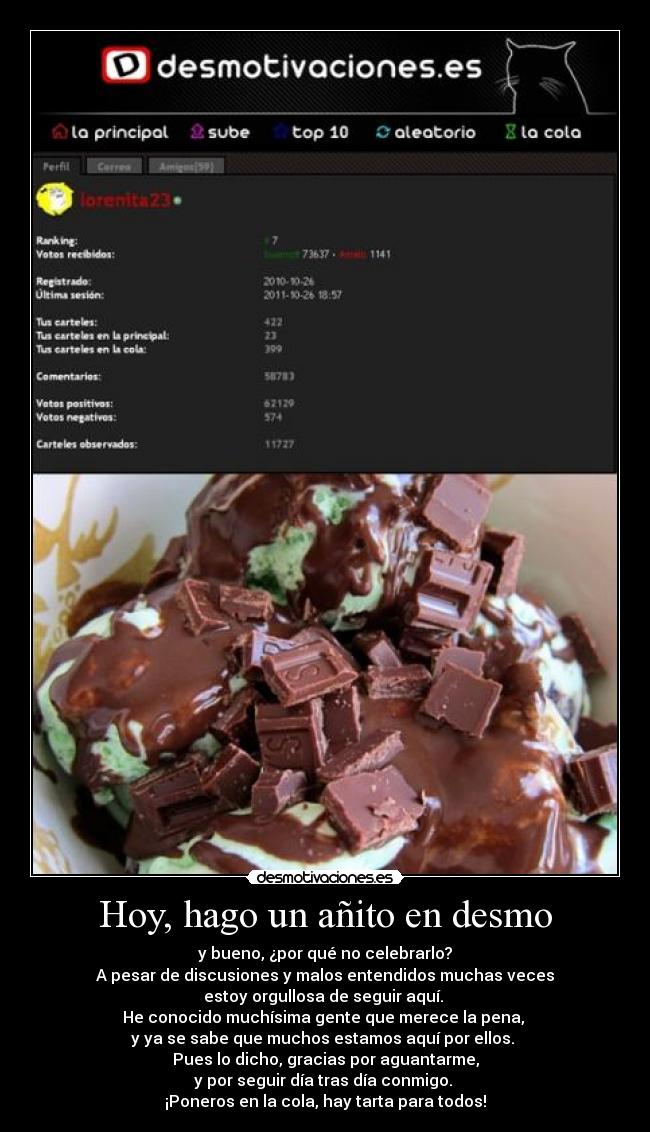 Hoy, hago un añito en desmo - y bueno, ¿por qué no celebrarlo?
A pesar de discusiones y malos entendidos muchas veces
estoy orgullosa de seguir aquí. 
He conocido muchísima gente que merece la pena, 
y ya se sabe que muchos estamos aquí por ellos. 
Pues lo dicho, gracias por aguantarme,
y por seguir día tras día conmigo. 
¡Poneros en la cola, hay tarta para todos!