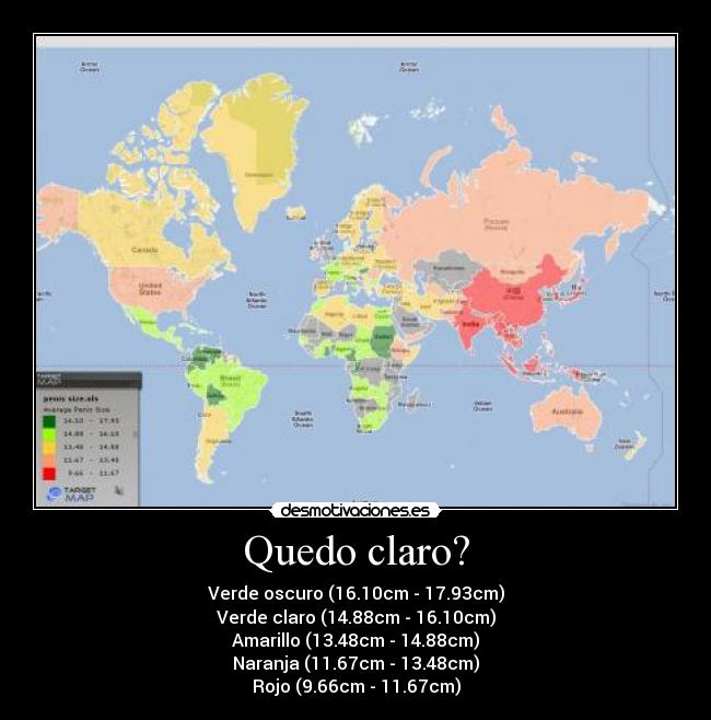 Quedo claro? - Verde oscuro (16.10cm - 17.93cm)
Verde claro (14.88cm - 16.10cm)
Amarillo (13.48cm - 14.88cm)
Naranja (11.67cm - 13.48cm)
Rojo (9.66cm - 11.67cm)