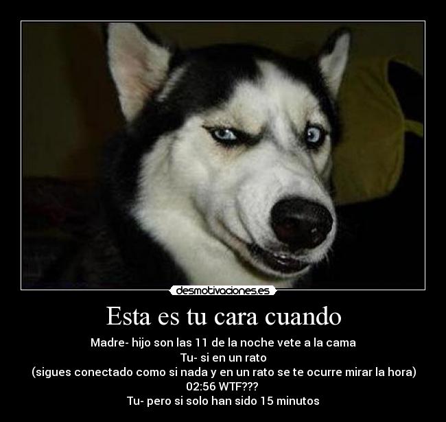 Esta es tu cara cuando - Madre- hijo son las 11 de la noche vete a la cama
Tu- si en un rato
(sigues conectado como si nada y en un rato se te ocurre mirar la hora)
02:56 WTF??? 
Tu- pero si solo han sido 15 minutos