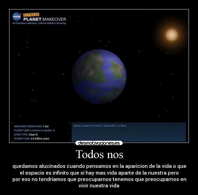Todos nos - quedamos alucinados cuando pensamos en la aparicion de la vida o que
el espacio es infinito que si hay mas vida aparte de la nuestra pero
por eso no tendriamos que preocuparnos tenemos que preocuparnos en
vivir nuestra vida