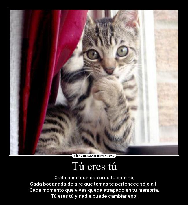 Tú eres tú - Cada paso que das crea tu camino,
Cada bocanada de aire que tomas te pertenece sólo a ti,
Cada momento que vives queda atrapado en tu memoria.
Tú eres tú y nadie puede cambiar eso.