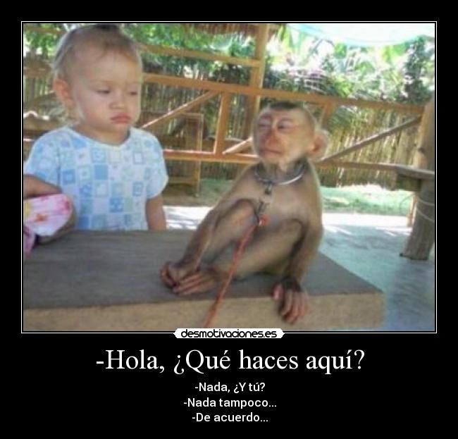 -Hola, ¿Qué haces aquí? - -Nada, ¿Y tú?
-Nada tampoco...
-De acuerdo...