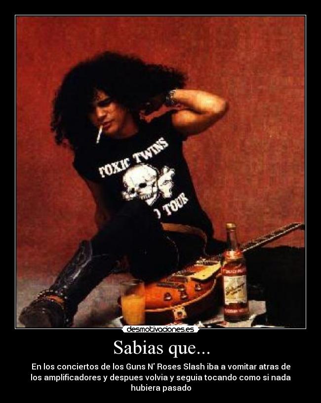 Sabias que... - En los conciertos de los Guns N Roses Slash iba a vomitar atras de
los amplificadores y despues volvia y seguia tocando como si nada
hubiera pasado