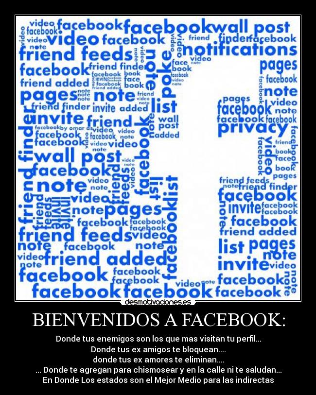 BIENVENIDOS A FACEBOOK: - Donde tus enemigos son los que mas visitan tu perfil...
Donde tus ex amigos te bloquean....
donde tus ex amores te eliminan....
... Donde te agregan para chismosear y en la calle ni te saludan...
En Donde Los estados son el Mejor Medio para las indirectas