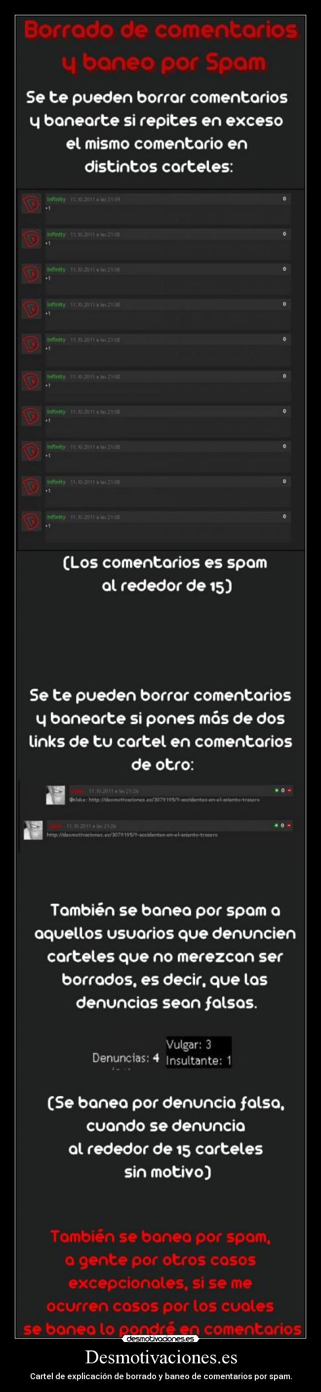 Desmotivaciones.es - Cartel de explicación de borrado y baneo de comentarios por spam.