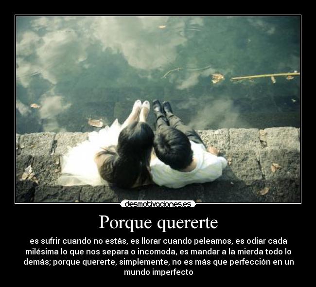 Porque quererte - es sufrir cuando no estás, es llorar cuando peleamos, es odiar cada
milésima lo que nos separa o incomoda, es mandar a la mierda todo lo
demás; porque quererte, simplemente, no es más que perfección en un
mundo imperfecto