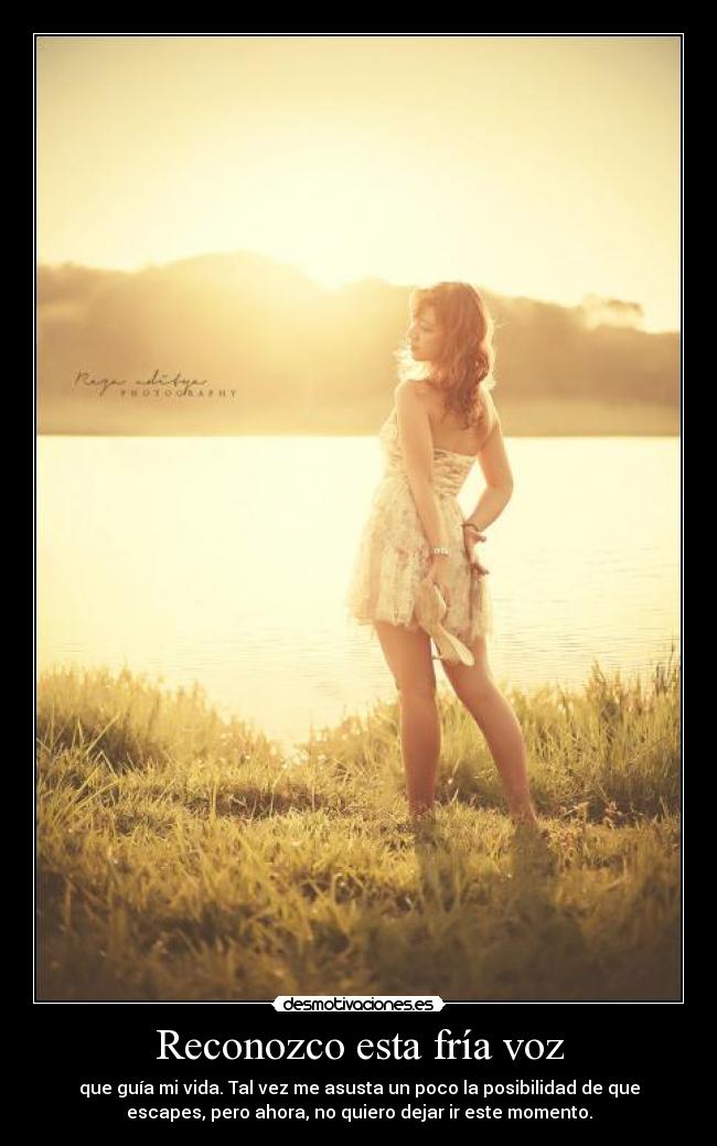 Reconozco esta fría voz - que guía mi vida. Tal vez me asusta un poco la posibilidad de que
escapes, pero ahora, no quiero dejar ir este momento.