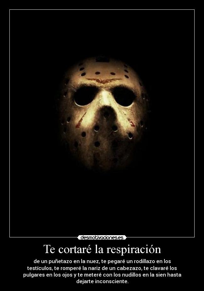 Te cortaré la respiración - de un puñetazo en la nuez, te pegaré un rodillazo en los
testículos, te romperé la nariz de un cabezazo, te clavaré los
pulgares en los ojos y te meteré con los nudillos en la sien hasta
dejarte inconsciente.