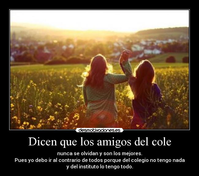 Dicen que los amigos del cole - nunca se olvidan y son los mejores.
Pues yo debo ir al contrario de todos porque del colegio no tengo nada
y del instituto lo tengo todo.