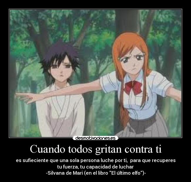 Cuando todos gritan contra ti - es sufieciente que una sola persona luche por ti,  para que recuperes
tu fuerza, tu capacidad de luchar
-Silvana de Mari (en el libro El último elfo)-