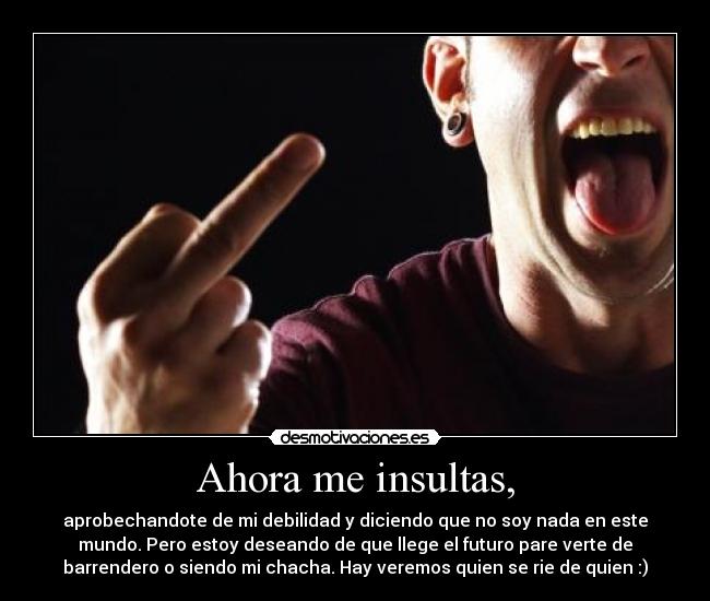 Ahora me insultas, - aprobechandote de mi debilidad y diciendo que no soy nada en este
mundo. Pero estoy deseando de que llege el futuro pare verte de
barrendero o siendo mi chacha. Hay veremos quien se rie de quien :)