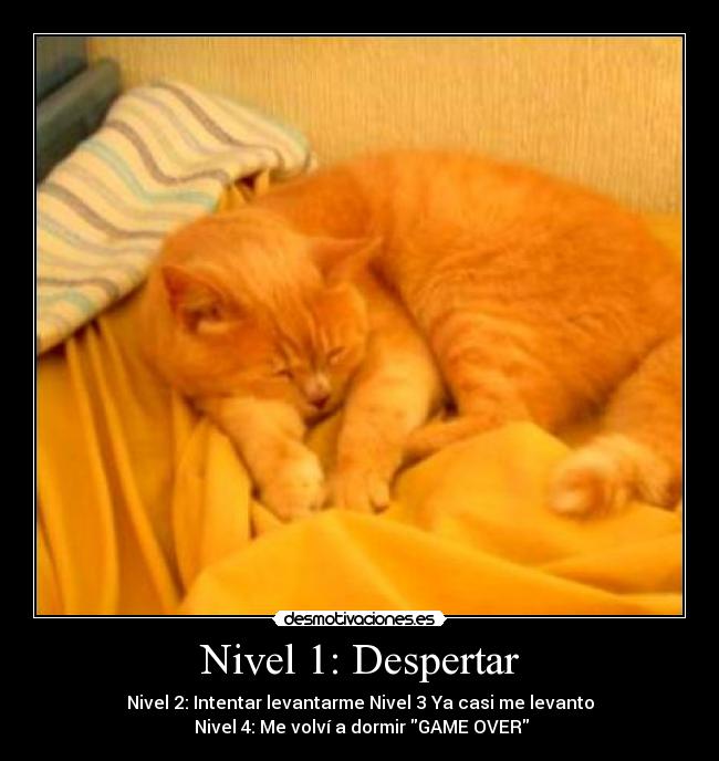 Nivel 1: Despertar - Nivel 2: Intentar levantarme Nivel 3 Ya casi me levanto
 Nivel 4: Me volví a dormir GAME OVER