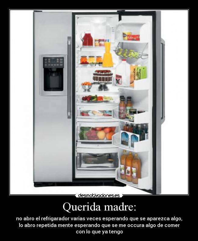 Querida madre: - no abro el refrigarador varias veces esperando que se aparezca algo,
lo abro repetida mente esperando que se me occura algo de comer
con lo que ya tengo