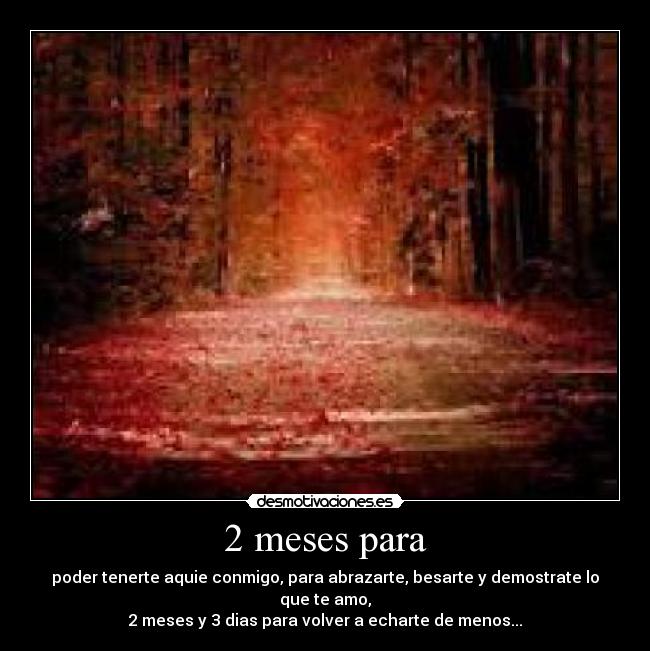 2 meses para - poder tenerte aquie conmigo, para abrazarte, besarte y demostrate lo que te amo,
2 meses y 3 dias para volver a echarte de menos...